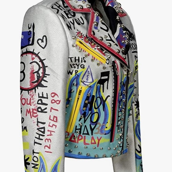 ❌SOLD❌ NWT Graffiti Punk, Rock & Roll Multi Color Graphic Spike & Rivet Moto,XL - Picture 8 of 16